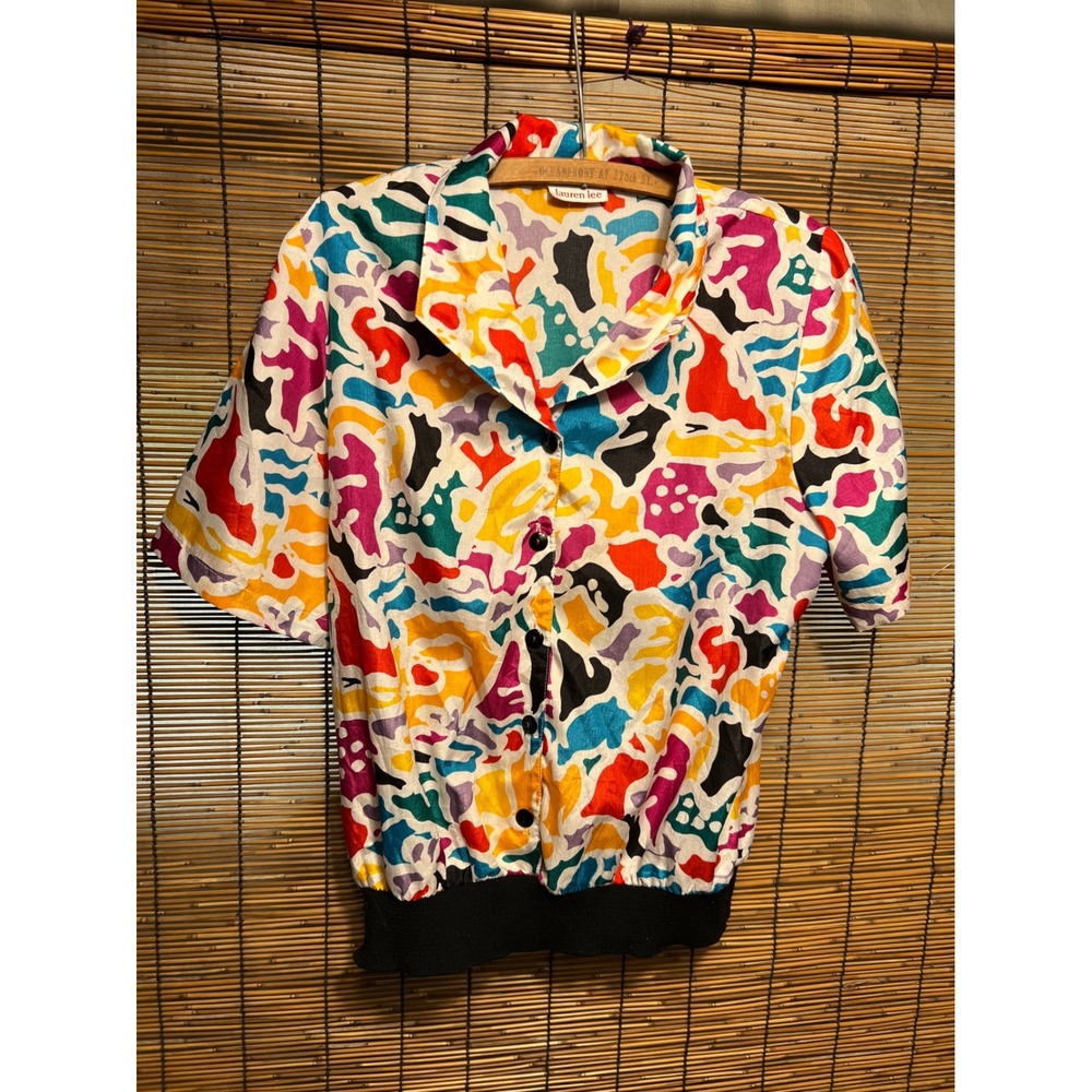 Lauren Lee Vintage 80s Abstract Geometric Multi Color Blouson Blouse Top L